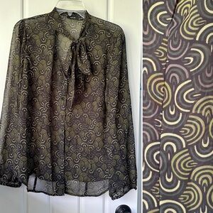 Green/Blue/Grey Geometric Print Semi-Sheer Button Up Blouse with Neck Tie -Apt 9